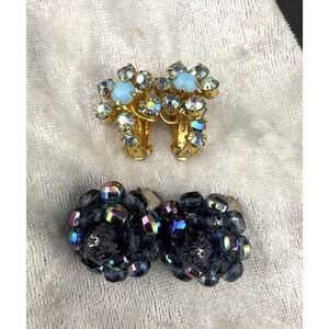Vintage Western Germany Clip On Earrings  Rhinestones Blue Sparkles Two Pair